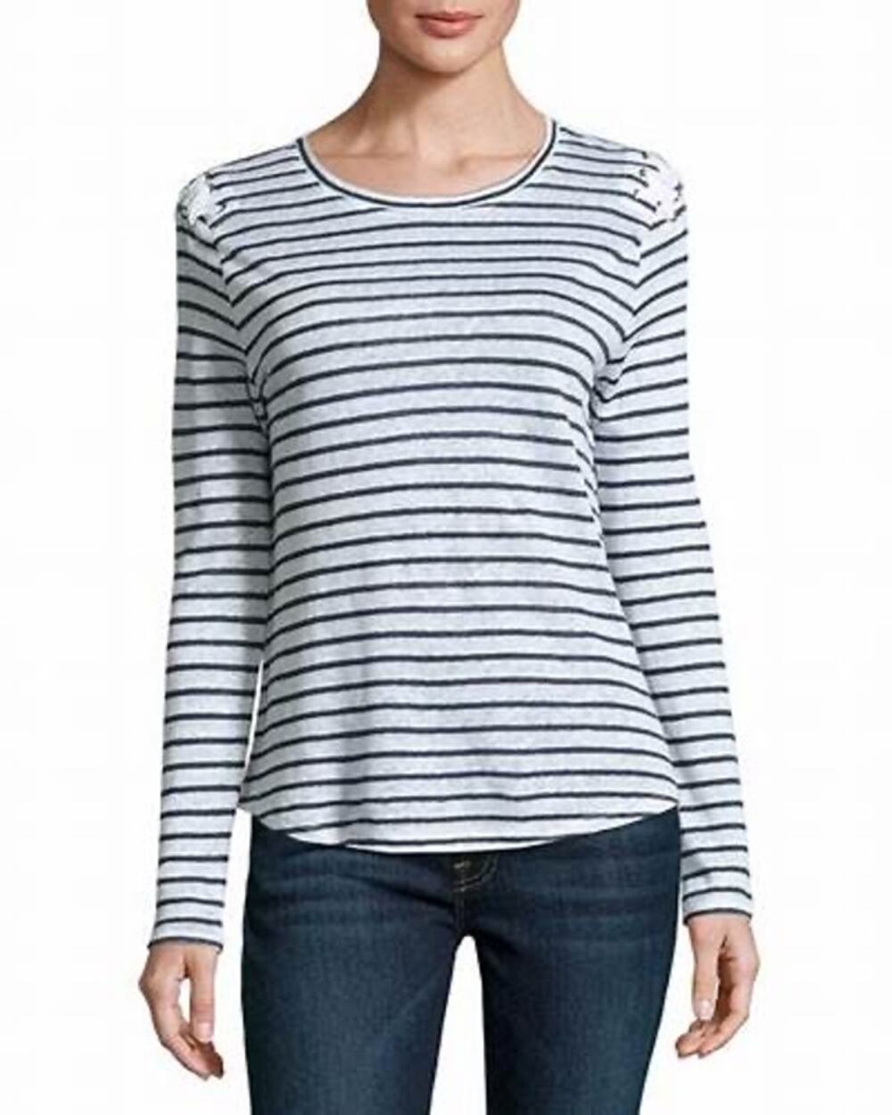 Generation Love Patti Striped Lace-Up Long Sleeve White Blue Linen Top Size S